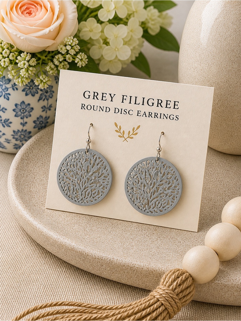 Grey Filgree Round Disc Earrings